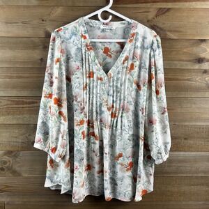 Rose & Olive Womens Shirt 3/4 Sleeve Floral Popover Blouse Pintuck Romantic 2X